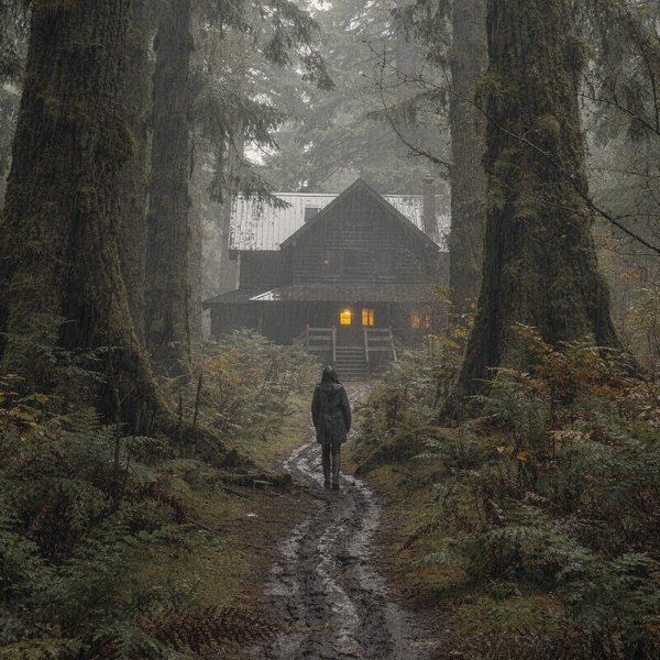 A cabin with one lit window in the rainforest, from the cover of They Go Up Alone